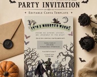 Monster Mash Party Invitation, Editable Canva Halloween Invite, Vintage Monster Party Printable, Witchy Creepy Crawly Party Invite