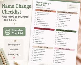 Name Change Checklist | Bride Name Change Kit | Divorce Name Change Guide | Newlywed Checklist | Printable PDF