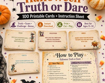 Halloween Truth or Dare Game for Kids, Printable Truth or Scare Cards, Fun Family Party Game for Tweens