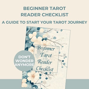 Puede incluir: Un diseño floral azul y blanco con el texto "Beginner Tarot Reader Checklist" y "Don't Wonder Anymore".