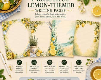 Lemon Stationery Printable, Vintage Lined Paper for Adults, Lemon Journal Pages, Checklist, Planner, Garden Writing Paper, Instant Download
