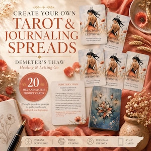 May include: A set of 20 mix-and-match prompt cards titled Create Your Own Tarot & Journaling Spreads: Demeter's Thaw. The cards feature illustrations of a person in a field, numbered 41, 43, 45, 49, and 58, with the text Healing & Letting Go.