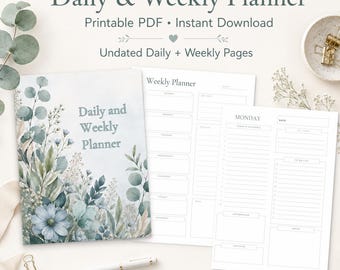Daily Schedule Template 15 Minute, Daily Planner, Weekly Planner PDF, Time Blocking Schedule, green botanical Planner Digital and Print
