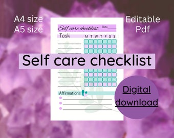 Puede incluir: Lista de verificación de autocuidado imprimible con un diseño floral. La lista incluye una sección para tareas diarias, un rastreador de hábitos semanal y un espacio para afirmaciones.
