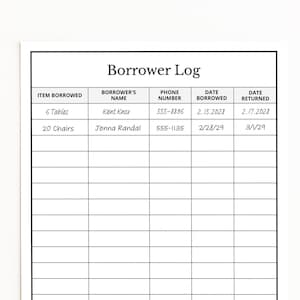 May include: A black and white Borrower Log with the title at the top. The log includes columns for item borrowed, borrower's name, phone number, date borrowed, and date returned. The first entry lists 6 tables borrowed by Kent Knox.