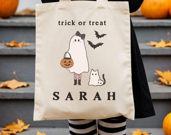 Halloween Trick or Treat Cotton Canvas Tote Bag: Personalized Spooky Gift
