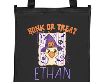 Kids Halloween Trick or Treat Back, Personalized Tote Bag, Silly Goose Halloween Tote Bag, Recycled material