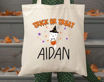 Halloween Trick or Treat Cotton Canvas Tote Bag: Personalized Spooky Gift