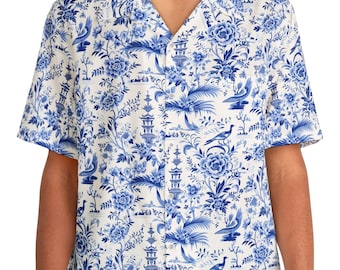 Blue Chinoiserie Hawaiian Shirt, All Over Print Shirt, Chinoiserie Aesthetic Shirt, Beach Resort Wear, Vacation Shirt, Unisex Hawaiian Shirt