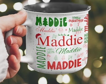Personalized Custom Name Enamel Camping Mug - Christmas Gift for Kids, Word Art Design, Personalized Christmas Mug, Subway Art Mug, Camping