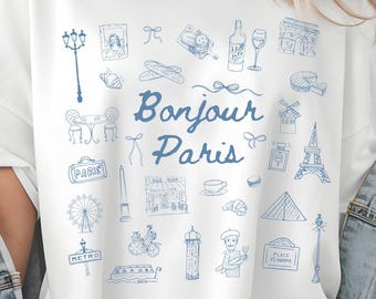 Bonjour Paris Unisex Garment-Dyed T-shirt, Parisian Graphic Tee, Travel Memories Shirt, Casual Summer Wear, Gift for Travelers