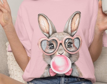 Easter Bunny Unisex Tee, Comfort Colors 1717 Shirt, Bubble Gum Bunny, Heart-Shaped Shades, Easter Gift, Cute Bunny Shirt