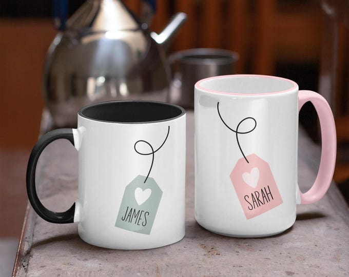 Featured listing image: Personalized Tea Drinker Mug, Accent Coffee Mug 11oz, 15oz, His and Her Ceramic Mug, Tea Lovers Mug, Gift for Newlyweds, Valentine's Day