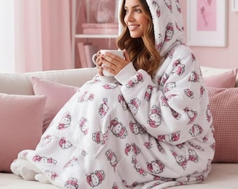 Pink Hello Kitty Santa Hooded Blanket - Cozy Polyester Fleece