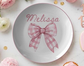 Personalized Coquette Bow Plate | Pink Christmas