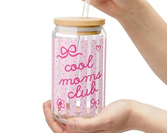 Cool Moms Club Sipper Glass | 16oz Pink Stripes, Bows & Hearts