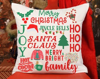 Merry Christmas Throw Pillow: Holiday Word Art Decor