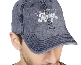 Vintage Embroidered Cotton Cap - Distressed Style - "Can I Get an Amen"