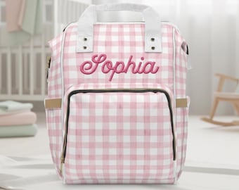 Gingham Diaper Backpack, Personalized Nylon Baby Bag, Travel Maternity Gift