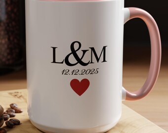 Personalized Coffee Mug, Accent Coffee Mug 11oz, 15oz, Newlywed Initials Mug, Engagement Gift, Wedding Present, Couples Mug, Heart Design