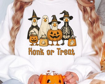 Honk or Treat Silly Goose Halloween Sweatshirt, Funny Trick or Treat Unisex Crewneck, Gildan Sweatshirt for Costume Party, Halloween Outfit
