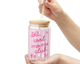 Cool Moms Club Sipper Glass | 16oz Pink Stripes, Bows & Hearts