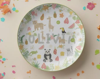 Personalized Tropical Jungle Kids Dinner Plate, Custom Name Child Tableware
