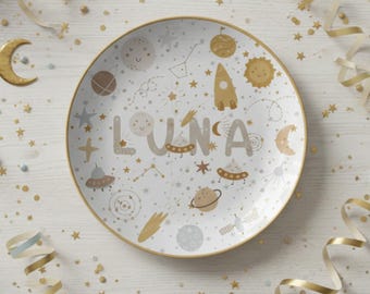 Personalized Space Kids Dinner Plate, Custom Name Outer Space Tableware