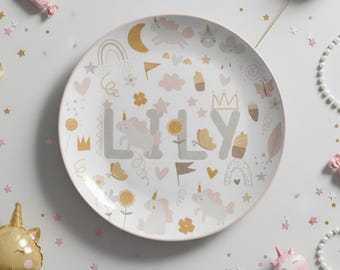 Personalized Unicorn Kids Plate, Custom Name Dinnerware, Pastel Rainbow Design