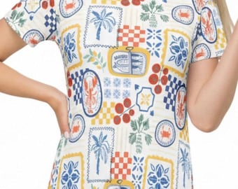 La Dolce Vita Mediterranean Print T-Shirt Dress | Floral Palm Mosaic AOP