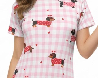 Dachshund Pattern Pink Gingham T-Shirt Dress | Sausage Dog Print
