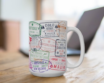 Custom Passport Stamps Ceramic Mug, Personalized Travel Souvenir Mug