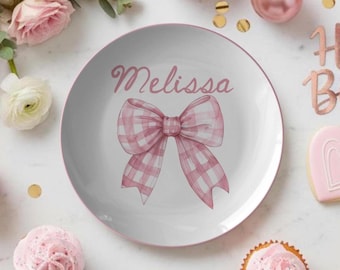 Personalized Coquette Bow Plate | Pink Christmas Plate | Holiday Gift for Girls