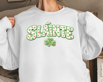 Sláinte Shamrock Faux Embroidered Graphic Crewneck Sweatshirt | Irish Cheers St. Patrick's