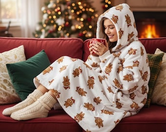 Christmas Hooded Blanket: Soft Polyester Fleece, Kangaroo Pocket