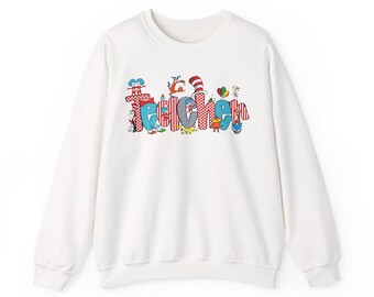 Dr Seuss Whimsical Word Art Teacher Sweatshirt | Colorful playful teacher typography