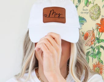 Mr & Mrs Dad Hat with Leather Patch (Rectangle), Bride and Groom Hat, Matching Hats, Wedding Hats, Honeymoon Hats, Bride and Groom Gift