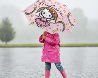 Personalized Rainbow Hello Kitty Umbrella | Pink Cute Cat Print Foldable Umbrella