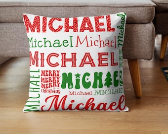 Custom Name Christmas Throw Pillow, Personalized Pillow, Word Art, Subway Art, Holiday Decor, Christmas Decor, Various Sizes