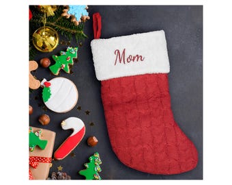 Embroidered Christmas Stockings, Personalized Christmas Stocking, Cable Knit Pattern, Custom Name, Matching Family Christmas Stockings