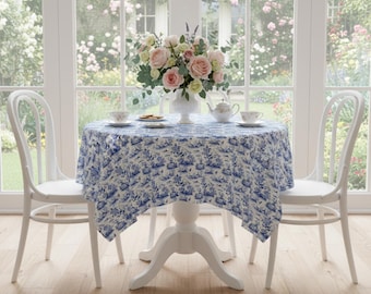 Blue Toile Pattern Tablecloth | Scenic Cottage Floral Toile