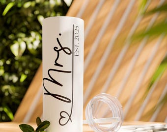 Personalized Mrs. Tumbler with Straw, Perfect Bridal Gift, Wedding Favor, Customized Drinkware, 20oz Skinny Cup, Newlywed Gift