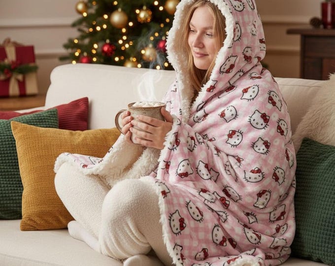 Featured listing image: Pink Hello Kitty Hooded Sherpa Blanket: Cozy Polyester Throw (80" x 55")