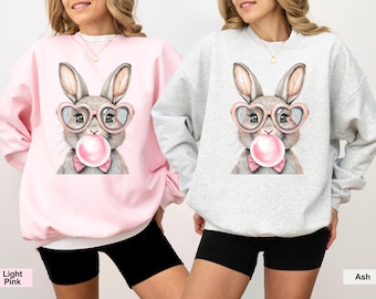 Bubble Gum Bunny Sweatshirt, Easter Gift, Heart-Shaped Shades, Cute Bunny Crewneck Sweatshirt, Gildan 18000 Sweatshirt, Easter Bunny Jumper