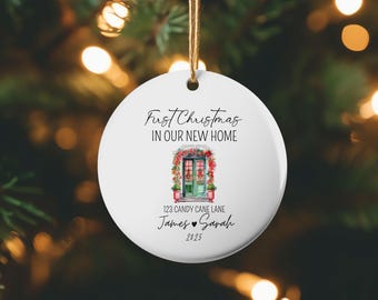 Personalized Round Ceramic Ornament, First Christmas New Home, Custom Name Memento