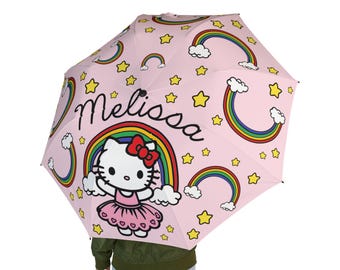 Personalized Rainbow Hello Kitty Umbrella | Pink Cute Cat Print Foldable Umbrella