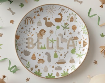 Personalized Dinosaur Kids Plate, Custom Name Dinnerware, BPA-Free Polymer, 10 Inch Diameter