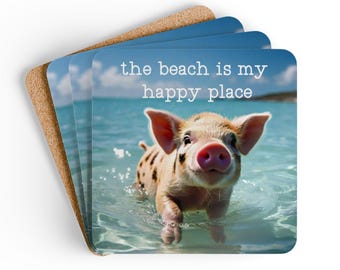 Beachy Corkwood 4-pc Coaster Set, Swimming Pigs Drink Coasters, Bahamas Bar Decor, Beach House Gift, Coastal Decor, Beach Wedding Favor