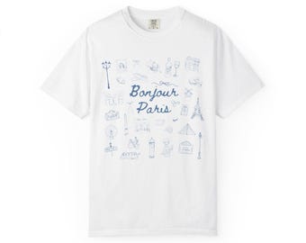 Bonjour Paris T-shirt: Garment-Dyed Parisian Graphic Tee