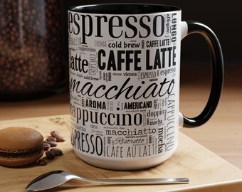 Coffee Word Cloud Accent Mug, Ceramic Accent Mug, Espresso Subway Art Coffee Lover Gift, 11oz, 15oz, Mug for Coffee Lover, Coffee Mug